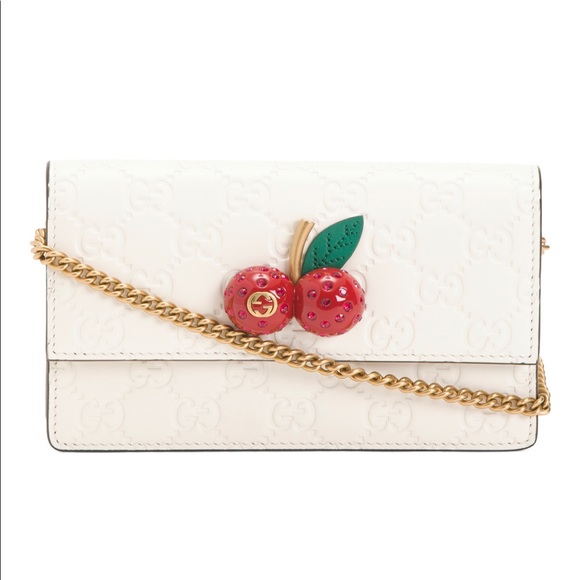 Gucci Guccissima Cherry accent Wallet on chain, mini crossbody white leather - Picture 12 of 16